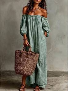 2026 Spring, Summer, Autumn New Elegant Women's Dresses Beige Striped Off-Shoulder Maxi Dress, Puff Sleeve Loose Casual Linen-Blend Beach Dress - 綠色 - 查看 11