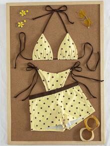 Bộ bikini 3 món gợi cảm in chấm bi dành cho nữ, kiểu buộc dây cổ, kèm quần lót, chất liệu vải co giãn cao, bộ đồ bơi thời trang và thoải mái, thích hợp cho kỳ nghỉ hè, đi biển và các dịp lễ hội. - Nhiều màu - Xem 9