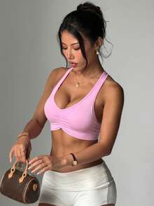 Seamless Women's Solid Color Ruched Everyday Fitness Sports Bra - Pink - View 4
