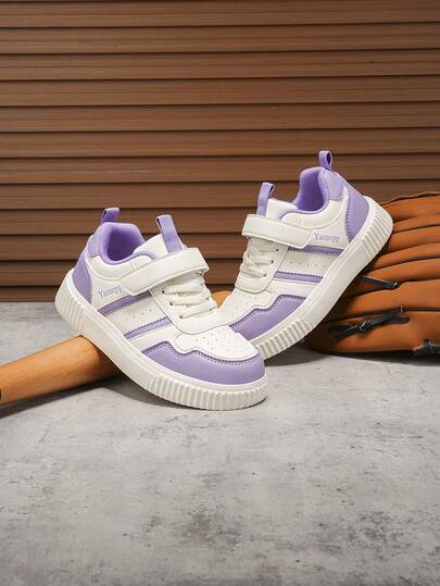 Children's Comfortable Versatile Casual Sports Shoes, Summer Letter Patchwork Sneakers Lightweight Running Shoes, Suitable For All Seasons With Hook And Loop Easy On/Off, Suitable For Skateboarding, Sports, School And Outdoor Activities, Girls White & Purple Campus Everyday Wear