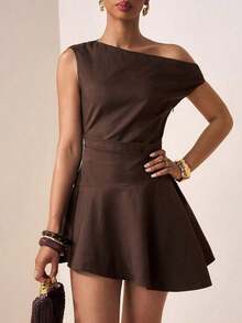 Vestido de lino marrón asimétrico de línea A para primavera/verano 2026, apto para festivales de música, Pascua, Día de San Patricio, San Valentín, citas, estilo occidental, nómada, fiesta de cumpleaños, graduación, universidad, estudiante, uso diario, versátil básico, casual, vacaciones, crucero, playa, tomar el sol, viral, ropa urbana, invitado de boda bohemio, ir a trabajar, brunch, aeropuerto, fiesta, salida festiva, oficina - Marrón - Ver 10