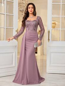 SUPGIR [Random Cut] Women's Sequin Sweetheart Neck Long Sleeve Fitted Knit Cocktail Dress Wedding Party Fall - Purple - View 3
