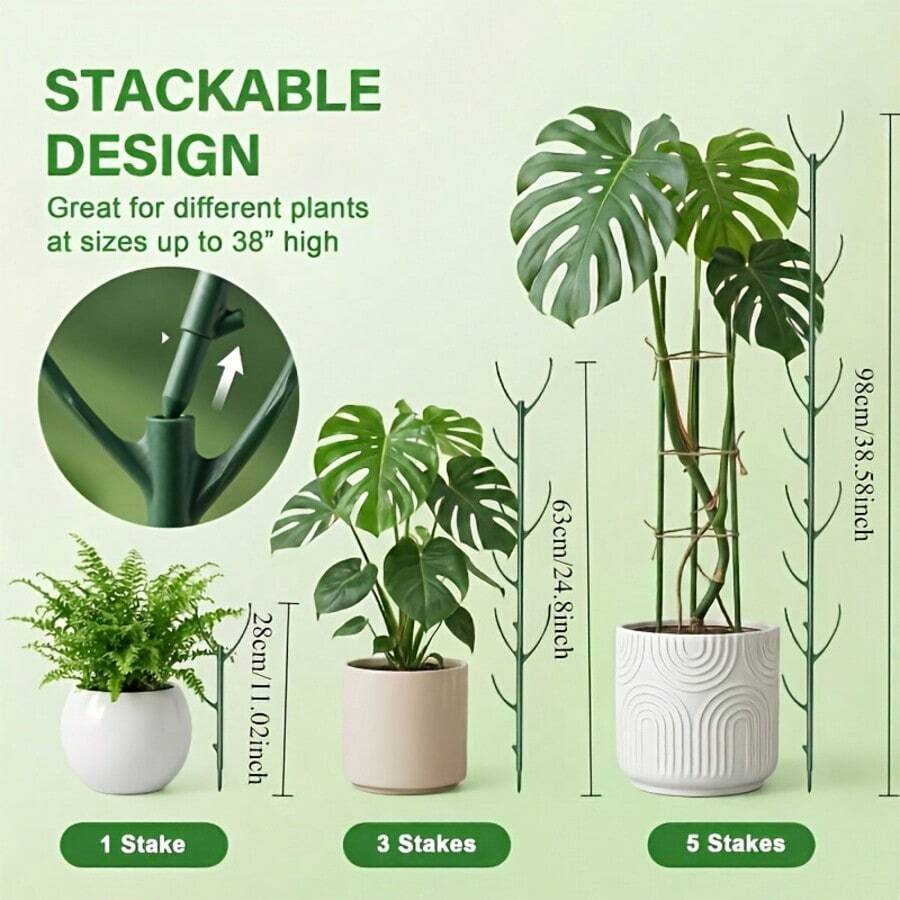 6件組龜背竹植物支撐套組,5根支撐桿及1捲紮帶,可堆疊式高桿,專為攀爬植物莖部設計的格子架式園藝支撐,適用於戶外園藝、園藝用品、室內植物架、植物配件 - 均碼 - 查看 1