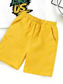 Young Boy Letter Print Crew Neck Short Sleeve T-Shirt And Pocket Shorts Set - Yellow - View 7