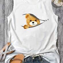 Camiseta sin mangas holgada sin mangas con cuello redondo informal grande con estampado de dibujos animados de oso de verano para mujer - la lian oso-hui - Ver 3