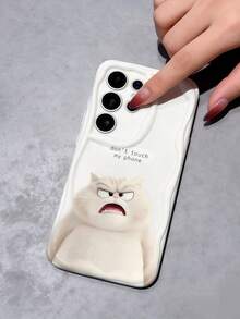 1pc Creative Cute Angry Cat, "Don't Touch My Phone" Slogan Wavy Edge Phone Case Compatible With Apple 7/8/X/XR/XS Max/11/12/13/14/15/16/17 Pro Max And A14/A15/A16/A17/A04/A05/A06/A07/A54/A55/A56/A57/A34/A35A/36/A37/S26/S26 Plus/S26 Ultra, Transsion SMART7/8/9/10 - White - View 4