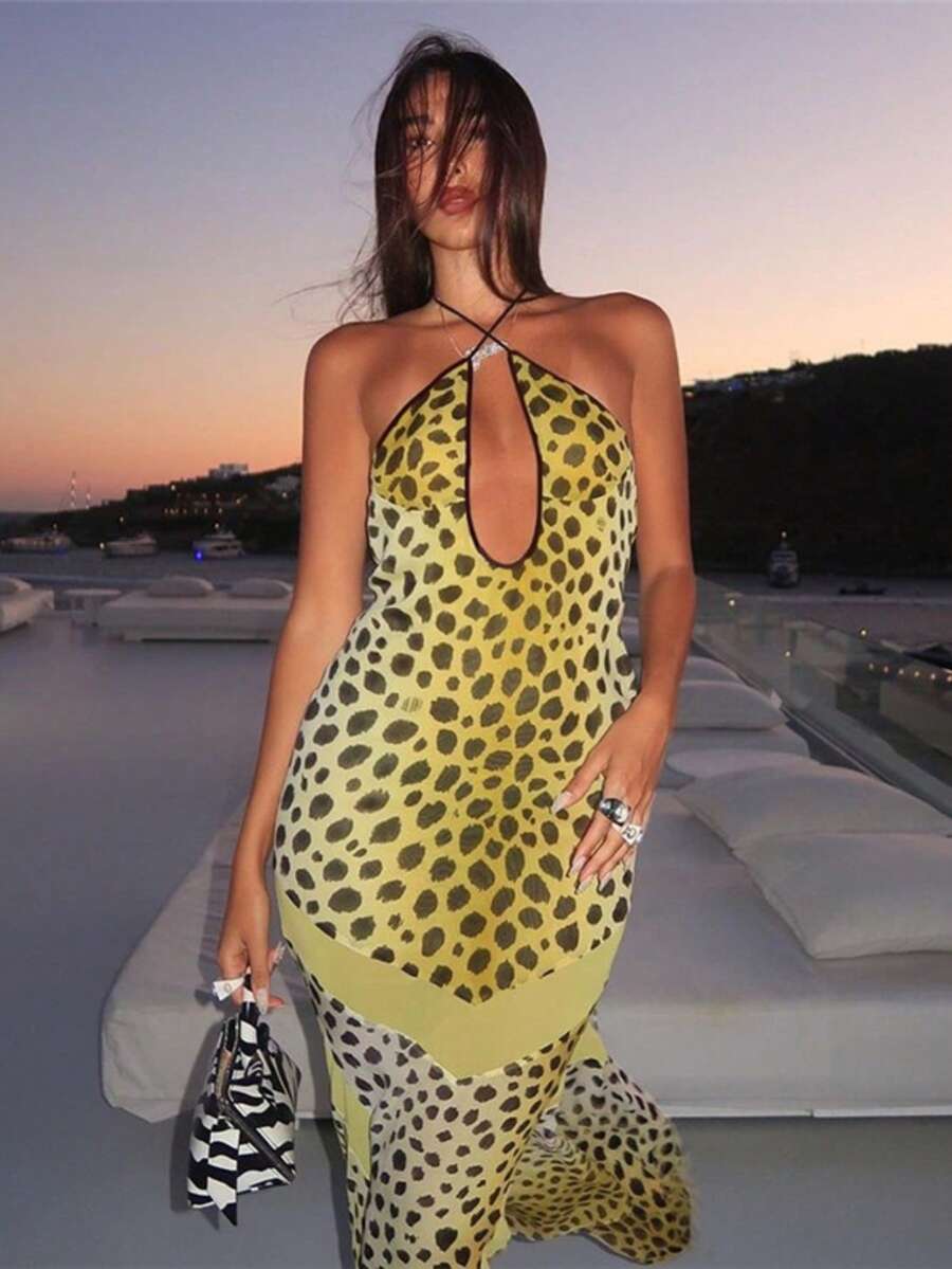 Bold Leopard Print Halter Bodycon Dress, Women's Keyhole Cutout Open Back Maxi Dress, Sheer Mesh High-Waisted Party Dress, Suitable For Cocktail Events, Evening Banquets, Girls' Night Out, Concerts, Music Festivals & All-Season Statement Outfits - 黃色 - 查看 1