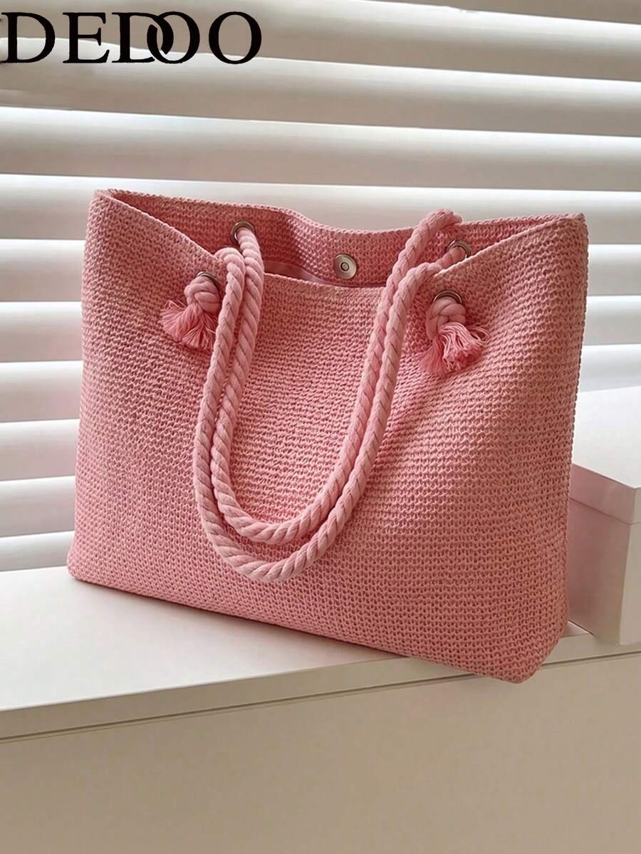 Dedoo Large Capacity Woven Tote Bag, Lightweight Shopping Shoulder Bag, Summer Travel Essential, Women's Holiday Handbag Backpack, Portable - Pink - View 1