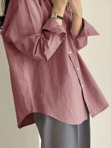 Ladies' Solid Color Front Button Casual Long Sleeve Shirt,Fall Clothes - Rosa - Ver 6