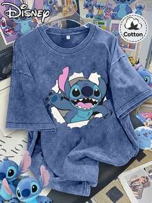 Disney Stitch Peeking Through Torn Paper With Open Arms & Big Smile Print Vintage Washed Cotton T-Shirt - 藍色 - 查看 1