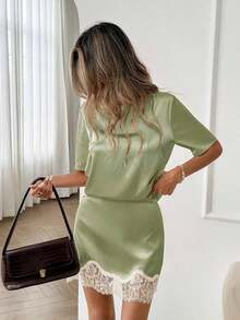 Crew Neck T-Shirt Top And Lace Patchwork A-Line Skirt Set, Silk Satin And Lace Patchwork Casual Loose Elegant Office Lady Style, Spring/Summer Women 2-Piece Set - Verde - Ver 12
