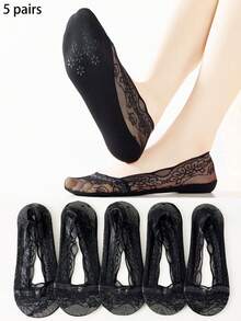 5 Pairs Women's Summer Lace Wave Flower Invisible Boat Socks, Sweat-Absorbing And Moisture-Wicking, Invisible And Non-Slip, Suitable For Daily Summer Wear Or As A Gift - Black - View 7
