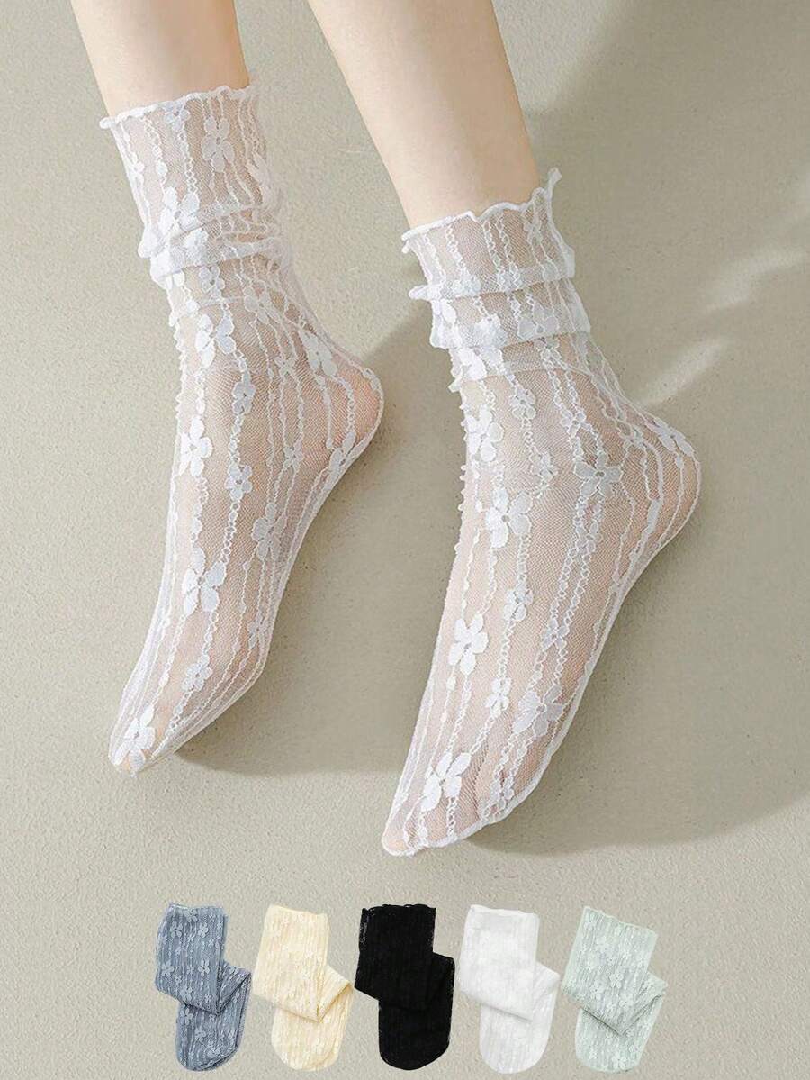 Bộ 1 đôi / 5 đôi / 10 đôi, tất mắt cá chân nữ gợi cảm ren hoa siêu mỏng trong suốt kiểu Nhật Bản, tất ống dài cổ điển dễ thương. - Nhiều màu - Xem 1