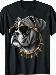 Camiseta gráfica de 220 g con estilo de bulldog urbano, tonos dorados y auriculares, cuello redondo, estilo casual, tela con ligera elasticidad, para toda temporada, ajuste regular. Camiseta de boutique de moda, ropa casual, estampado de patrón, cuello redondo, regalo, TALLA GRANDE - Negro - Ver 6