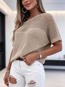 Casual Loose Knit Asymmetric Neck Hollow Sweater For Women, Summer Short Sleeve Tops Vacation Spring - Khaki - View 5