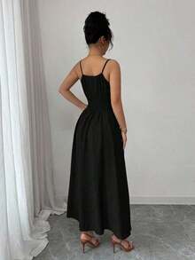 Vestido cómodo de verano y primavera de fibra de lino color café con lazo frontal y cintura con lazada, estilo casual y fluido - Negro - Ver 2