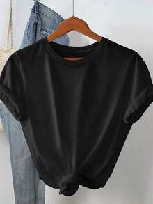 Camiseta de manga corta con cuello redondo y estampado de letras, de uso casual y versátil para uso diario - Negro 2 - Ver 2