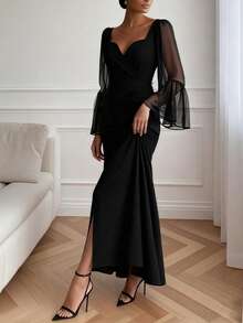 Solid Color Elegant High Slit Thigh Mesh Patchwork Zipper Formal Evening Gown Wedding Black Spring Party - Black - View 4