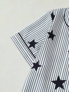 Gestreifte & Stern Muster Frauen Bubble Crinkle Kurzarm Shorts Pyjama Set - Schwarz - Übersicht 3