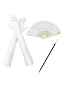 3件套D EXCEED女士舞会服装配饰套装，包括纯色缎面手套、蕾丝扇子和装饰道具，适合歌剧、派对、下午茶、新娘婚礼和20年代复古主题派对等场合的舞蹈表演。 - 彩色 - 查看 4