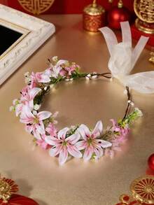 1 vòng hoa cúc La Mã, phụ kiện cài tóc hoa phong cách Boho Chic, vòng hoa tua rua đính hạt lãng mạn cho đám cưới, du lịch, sinh nhật. - 58928 Màu hồng - Xem 2