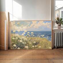 1幅帆布墙画，带框墙饰，复古海岸风格白色野花和悬崖草甸油画，海景和海滨风景墙画，以柔和的蓝天和野花为特色 - 海岸野花 - 查看 5