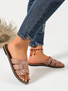 Ximi Ruo Korean Style Casual Flat Slide Sandals, Open Toe, Woven Roman Style, Suitable For Spring, Summer, Beach, Vacation, Dresses, Apartment, Brown Color - Pink - View 4
