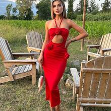 Moda 3D Floral espalda descubierta Halter recortado vestido largo mujer ahuecado sólido Sexy ceñido al cuerpo vestido de verano Club ropa de fiesta 2025 - Rojo - Ver 1