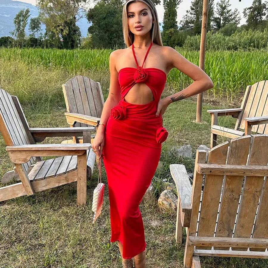 Moda 3D Floral espalda descubierta Halter recortado vestido largo mujer ahuecado sólido Sexy ceñido al cuerpo vestido de verano Club ropa de fiesta 2025 - Rojo - Ver 1