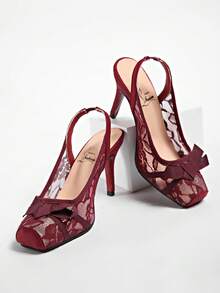 Sapatos de Salto Alto de Renda Preta, Sandálias Sexy com Laço e Bico Fechado para Mulheres, Sapatos de Verão - Vinho - Visão 10