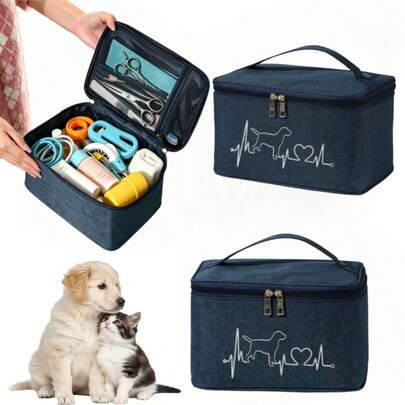 Túi đựng đồ dùng cho thú cưng in hình điện tâm đồ chó Dachshund, hộp đựng dụng cụ mỹ phẩm dung tích lớn.