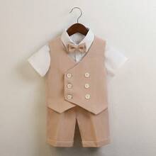 4pcs Boys' Formal Vest, Short Sleeve Shirt, Pants, Bow Tie Suit Set, Summer - Pink - View 12