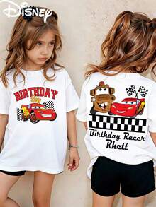 Disney Licensed Lightning McQueen & Mater Birthday Themed Double-Sided Print Kids' T-Shirt, Short-Sleeved Casual Top, Cute Themed Printed Tee, Perfect For Daily Wear, School Activities, Family Outings, Theme Park Visits And Holiday Gifts, Shipped From Local Warehouse - White - View 2