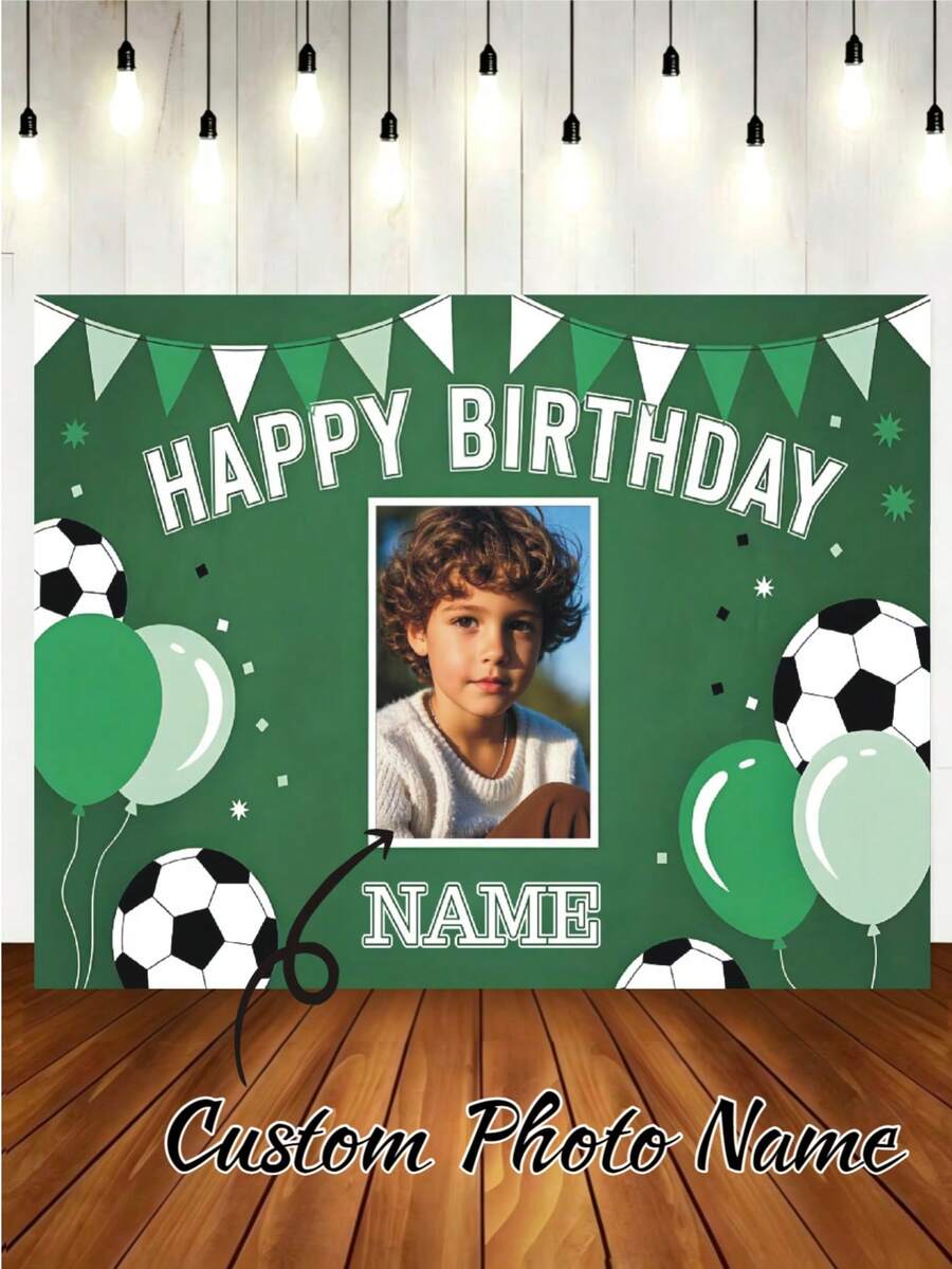 Customizable Photo & Name Football Theme Birthday Backdrop, Personalized Pattern Design, Birthday Cake Smash Portrait Photography Prop, Vinyl Soccer Party Decoration, Football Backdrop