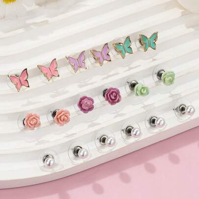 9 Pairs/Set Bohemian Style Cartoon Cute Earrings Set With Faux Pearl, Flower, Butterfly, Fruit, Sunflower, Ice Cream, Heart, Teddy Bear Designs, Suitable For Daily Wear, Gifts, Festivals