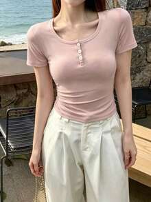 Korean Style Minimalist Button Design Short Sleeve T-Shirt For Women, Versatile Pink Casual Summer - Pink - View 3
