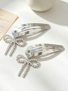 2pcs Silver Rhinestone Bow Hairclips, Niche Minimalist Side Clips, Exquisite Versatile Metal Hair Accessories, Girly Daily & Work Wear,Hair Clip,Birthday - Silver - View 6