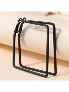 1 par de pendientes de aro/botón cuadrados minimalistas de color negro de moda para mujeres - Negro - Ver 11