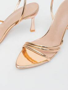 New Elegant Striped Pointed Toe Adjustable Buckle Slip-On High Heel Sandals, Champagne Color, Summer - Champagne - View 8