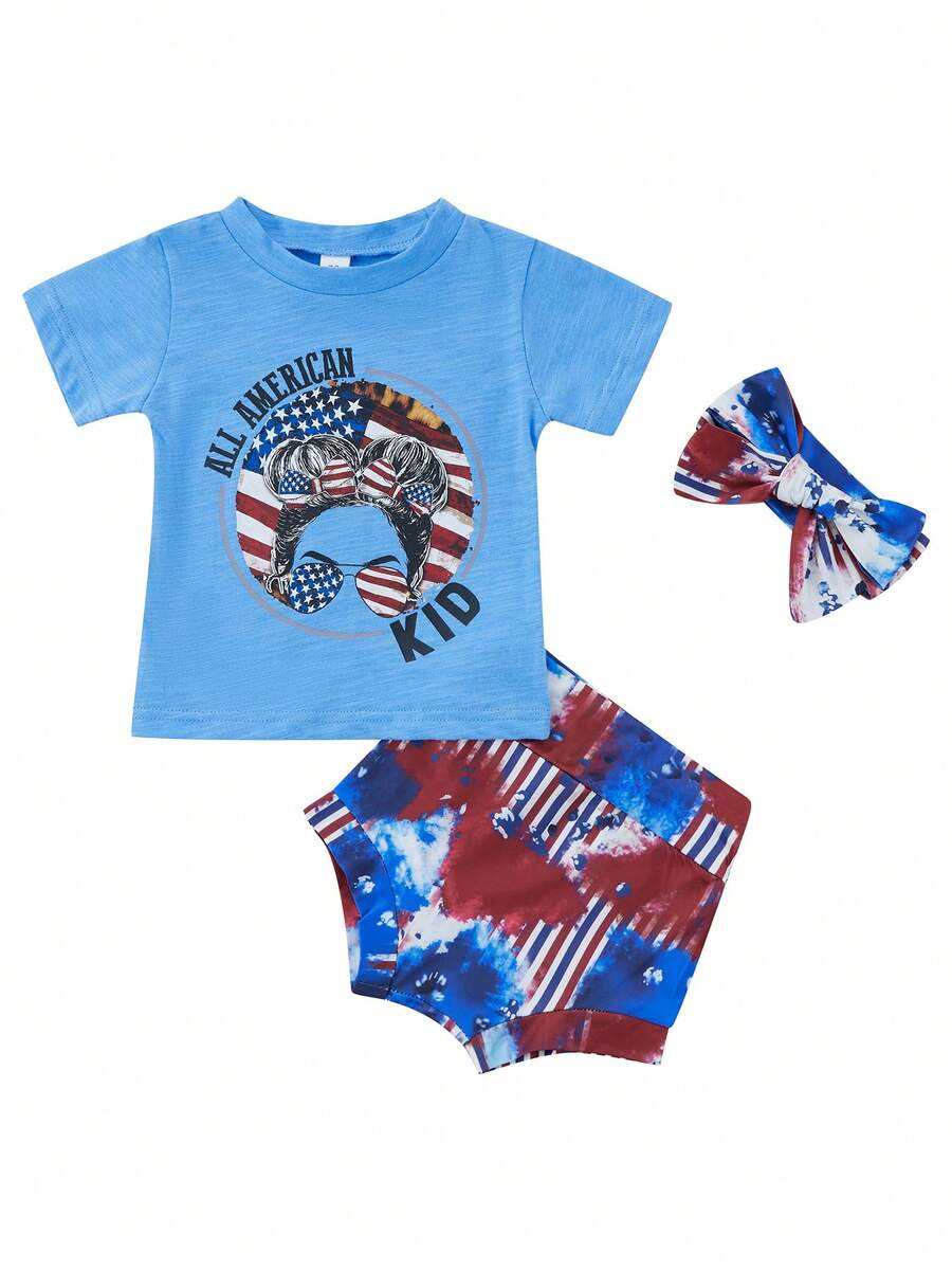 Conjunto de ropa para niñas para el Día de la Independencia: camiseta azul de manga corta con estampado de estrellas y rayas, shorts con estampado tie-dye y diadema. - azul claro - Ver 1