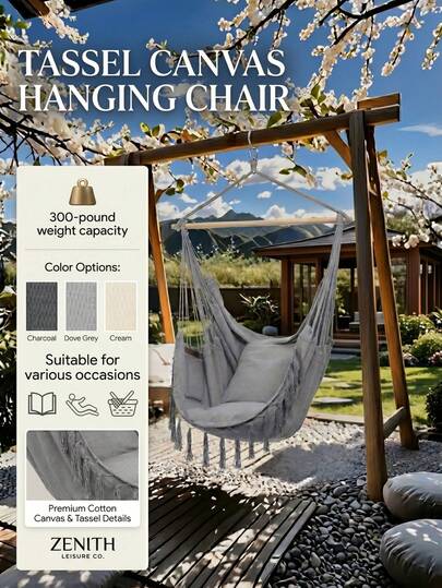 2pcs Nordic Tassel Pocket Pattern, Outdoor Camping 350lbs Capacity Thick Canvas Hammock Chair (Beige/Light Grey/Dark Grey), Oversized Heavy Duty Outdoor Swing