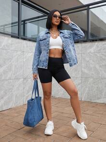 Solid Color Frayed Edge Dropped Shoulder Long Sleeve Distressed Fashion Jacket - Light Wash - View 4