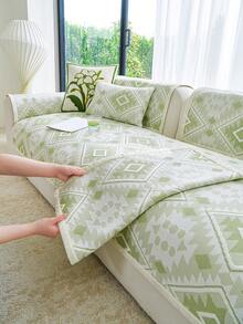 1pc Boho Geometric Ice Silk Sofa Slipcover, Non-Slip Dotted Back Couch Protector, Lightweight Cooling Cover For Living Room - Green - View 4