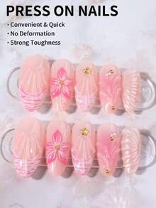 24pcs Almond Shaped 3D Gel False Nails, French Pointed Tip Design With Floral Decor, Medium 3D Metal Cross & Pearl Accent, Acrylic Nail Kit Includes 1 Sheet Jelly Sticker And 1 Nail File - Multicolor - View 2