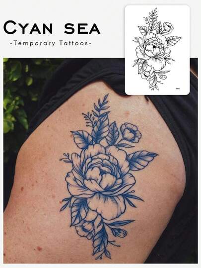1 Herbal Tattoo Sticker, Blue-Tone Line Peony Flowers, Temporary Tattoo Sticker, Washable, PVC, Disposable, Waterproof And Sweatproof For Arms, Waist, Abdomen, Back, Legs, Non-Reflective, Realistic Tattoo, Suitable For People, Daily Use, Lasting 7-14 Days