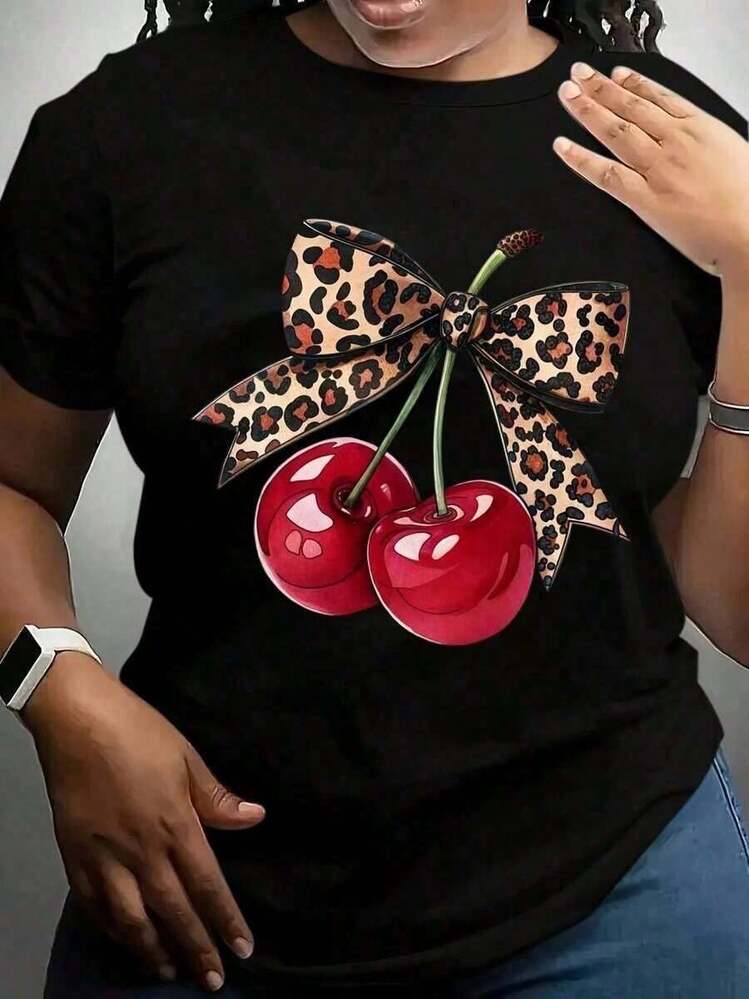 Nueva camiseta de manga corta con cuello redondo para mujeres, diseño primavera-verano, combina perfectamente un estampado moderno y minimalista de leopardo con un estampado de cereza, transpirable y absorbe la sudoración.Envío directo desde nuestro almacén local, modelo para parejas, ideal para llevar en pareja. - Negro - Añade 3