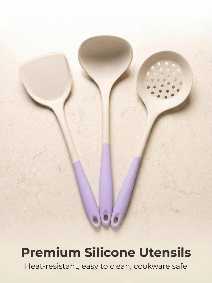 1件紫色拼接硅胶厨房用具套装:耐热不粘锅具,可机洗,耐污、耐异味、不易泛黄,适用于煎培根、鸡蛋、煎饼、汉堡/牛排、浓汤、沙拉/凉菜等。 - 彩色 - 查看 1