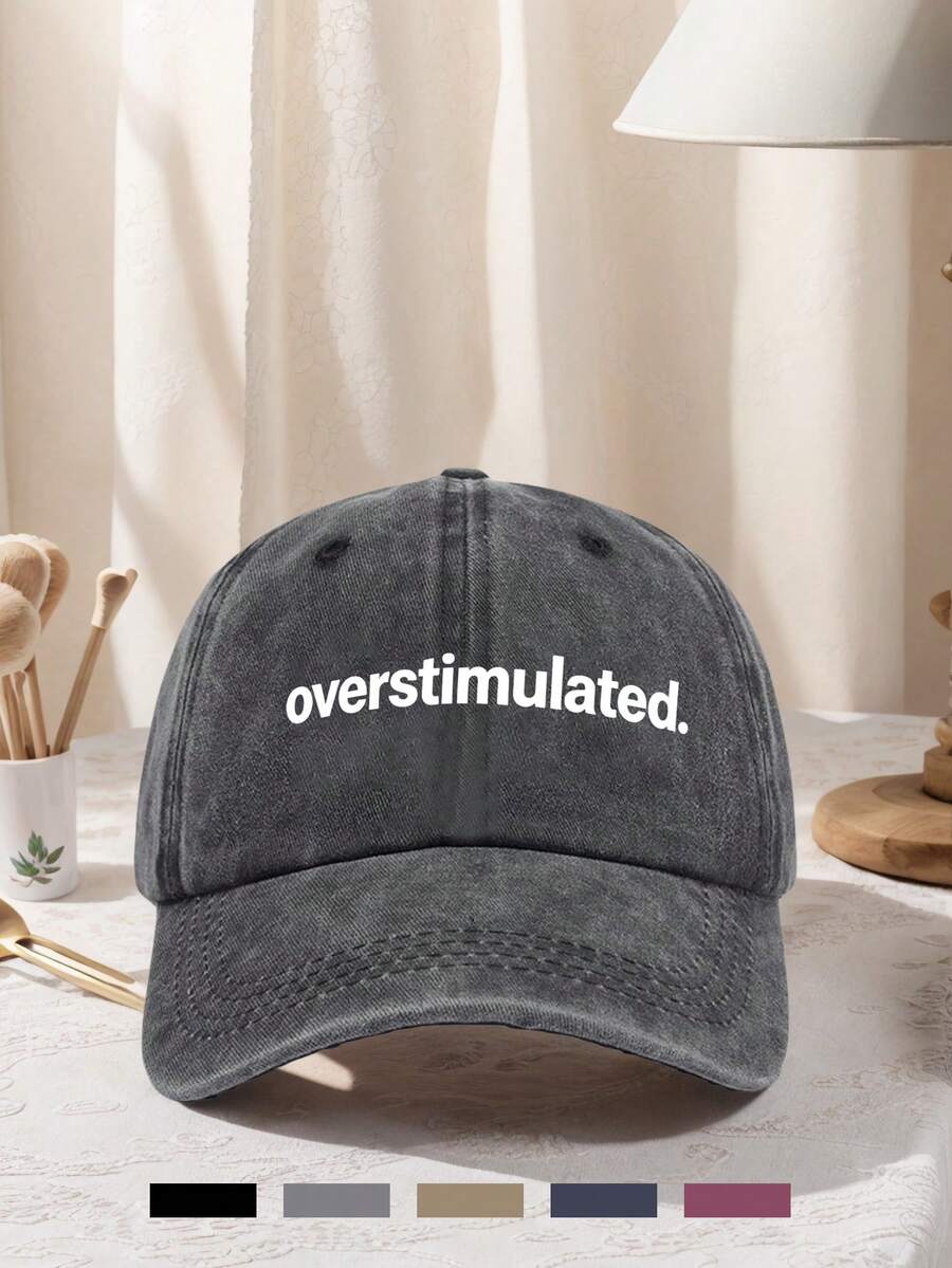 1pc Vintage Washed "Overstimulated" Baseball Cap Adjustable Design, Lightweight And Comfortable To Wear. Ideal For Hiking, Mountaineering, Travel, Sun Protection, And Outdoor Activities. Unisex Casual Streetwear Cap Suitable For All Seasons-Spring, Summer, Fall, And Winter.,Beach,Festival