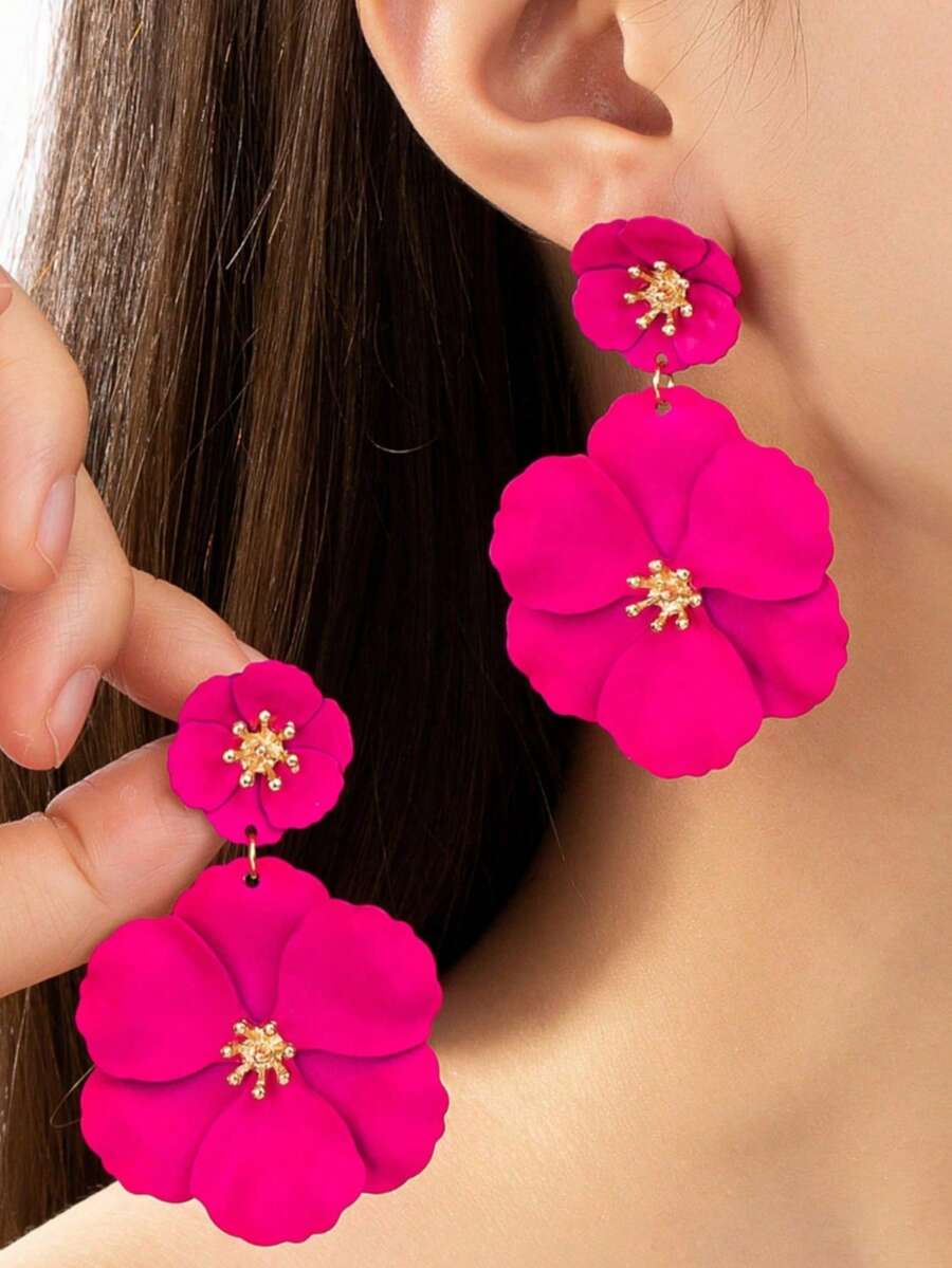 1 Pair Fashionable New Metallic Painted Floral Minimalist Elegant Girl Earrings, Floral Dangle Earrings, Creative Floral Earrings For - Rose Red - View 1