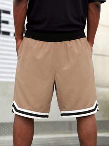 男士休閒運動短褲，拉鍊口袋，抽繩腰頭，籃球短褲，彈性輕量運動長褲，適合籃球、棒球、健身、跑步、訓練與運動 - 棕色 - 查看 5